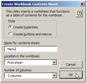 Create Workbook Contents Sheet command