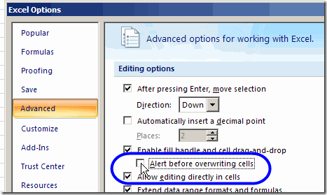 Remove the check mark from Alert before overwriting cells