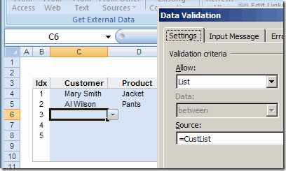 Customer list data validation source