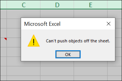 Excel error: Can't push objects off the sheet