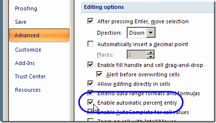 Excel Options Enable automatic percent entry