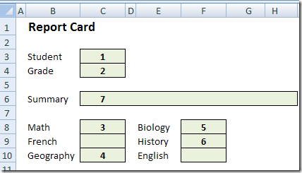 data entry cells in student report card worksheet