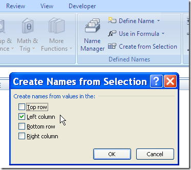 Create From Selection dialog box