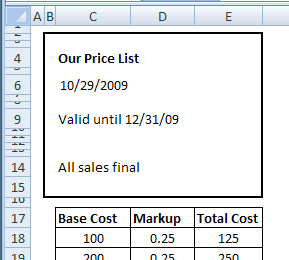 Pricing worksheet in Excel file