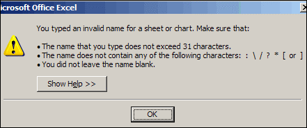 Excel error message: You typed an invalid name for a sheet or chart"