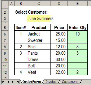 Excel Order Form with quantities entered