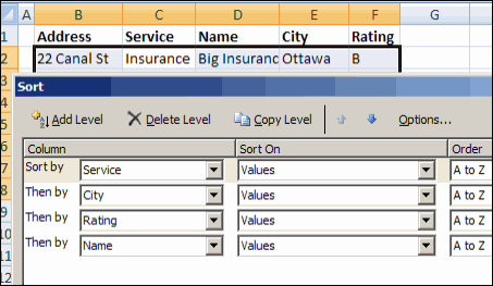Sort dialog box in Excel 2007
