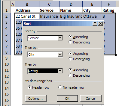 Sort dialog box in Excel 2003