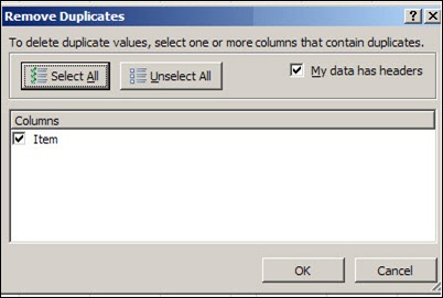 Remove Duplicates dialog box
