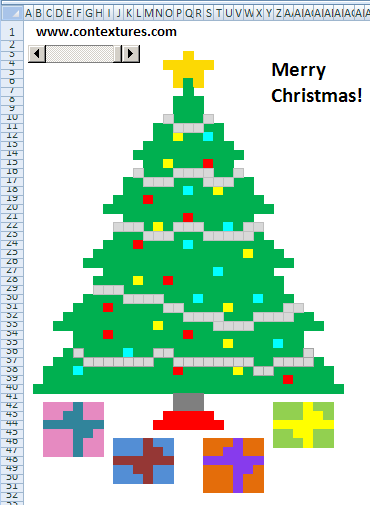 Excel Christmas tree with star and gifts, and worksheet message