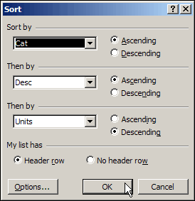 Sort dialog box in Excel 2003