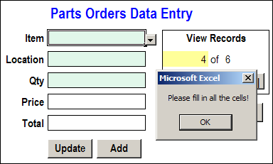 Excel data entry message