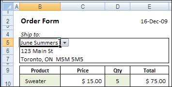 Order form worksheet with customer name selected