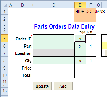 Excel parts data entry form
