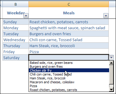 select meal for each weekday from drop down list