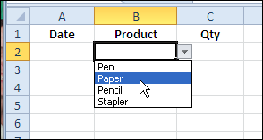 drop down list of product names on worksheet
