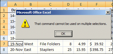 Excel error message, "That command cannot be used on multiple selections."