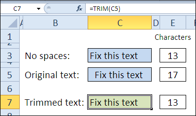 Removes extra spaces from text string with TRIM Function