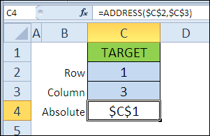 Get cell address from row and column number with ADDRESS function