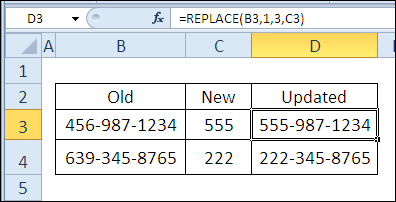 Change area code in phone number with REPLACE function