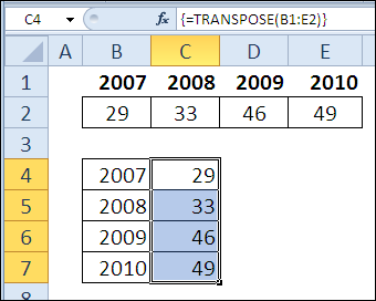 how to transpose an array in excel
