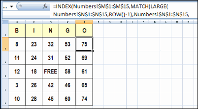 INDEX and MATCH formula for bingo cards
