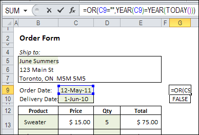 date check formula is entered in column G