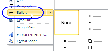 command for bullet point in word