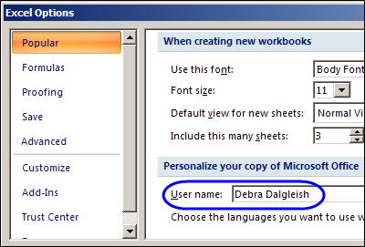 User Name box in Excel Options