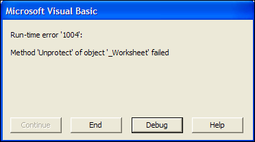 Excel error: Method 'Unprotect' of object '_Worksheet' failed