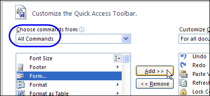 Add Data Form to Quick Access Toolbar (QAT)