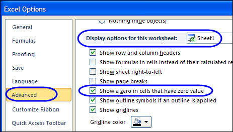 Excel Options window Advanced settings