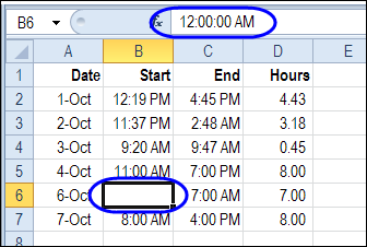 missing start times in Excel worksheet