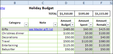 Holiday Budget sheet in Excel Holiday Planner Workbook