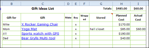 Gift Ideas list in Excel Holiday Planner