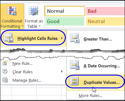 built-in rule for highlighting duplicate values