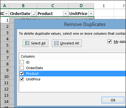 Excel Remove Duplicates dialog box