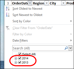dates are automatically grouped by year