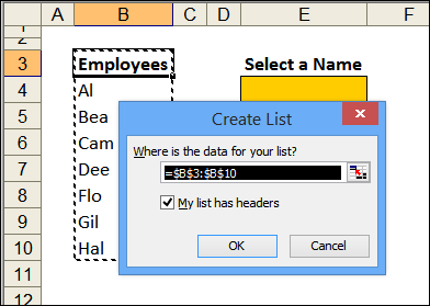 create a list in Excel 2003