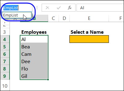 select name in Excel Name Box