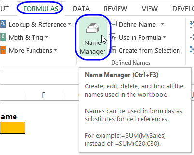 Excel Name Manager command on Ribbon