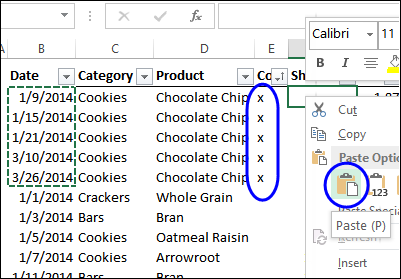 problem pasting in excel filtered list