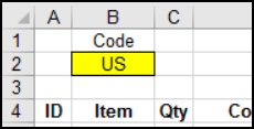 country code in cell B2
