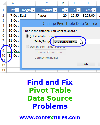 alt text: Find and fix pivot table data source problems http://www.contextures.com/excelpivottablesourcedata.html