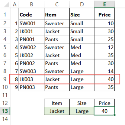 Excel Lookup With Two Criteria table