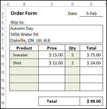 simple order form in Excel
