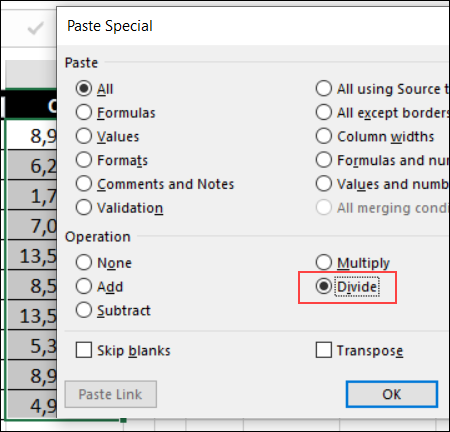 paste special dialog box with divide selected