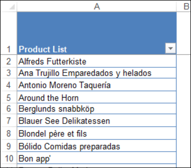 product list in Excel table