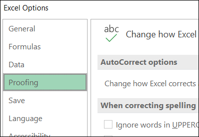 Excel Options Proofing