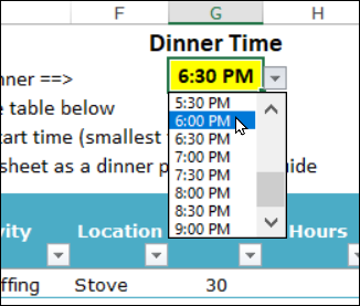 choose meal time in Excel dinner planner 